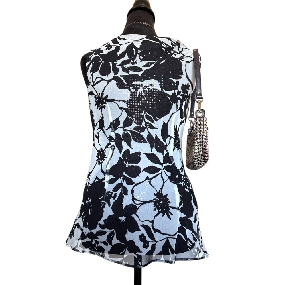 Vintage Jessica Howard Floral Black and White Sleeveless Scoop Neck Sequin Top - Picture 3 of 9